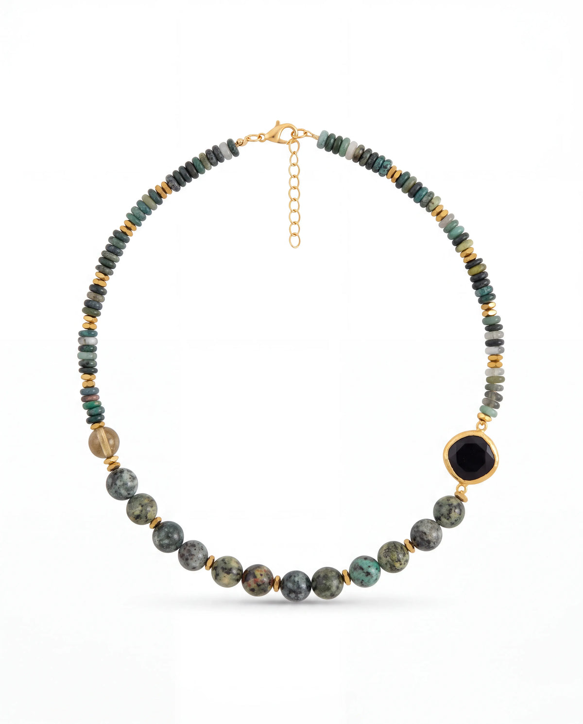Onyx Safari Kolye - Afrika turkuazı, pirit jasper ve siyah oniks uçlu altın kaplama kolye, ürün görseli