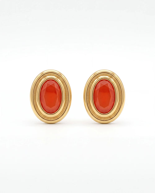 Amber Halo Küpe - katmanlı altın çerçeveli ve oval kehribar tonlu taşlı küpe, ürün görseli