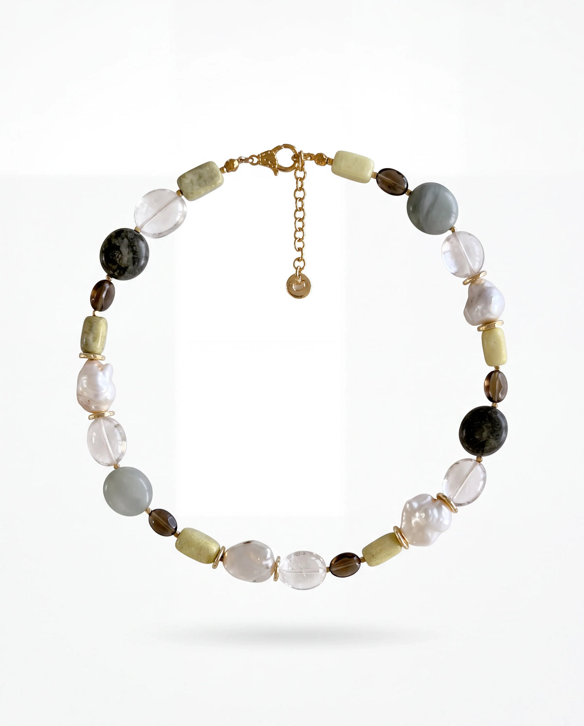 Dappled Pearl Kolye - barok inci, dumanlı kuvars, oniks, yeşim ve kristal boncuklu kolye, ürün görseli
