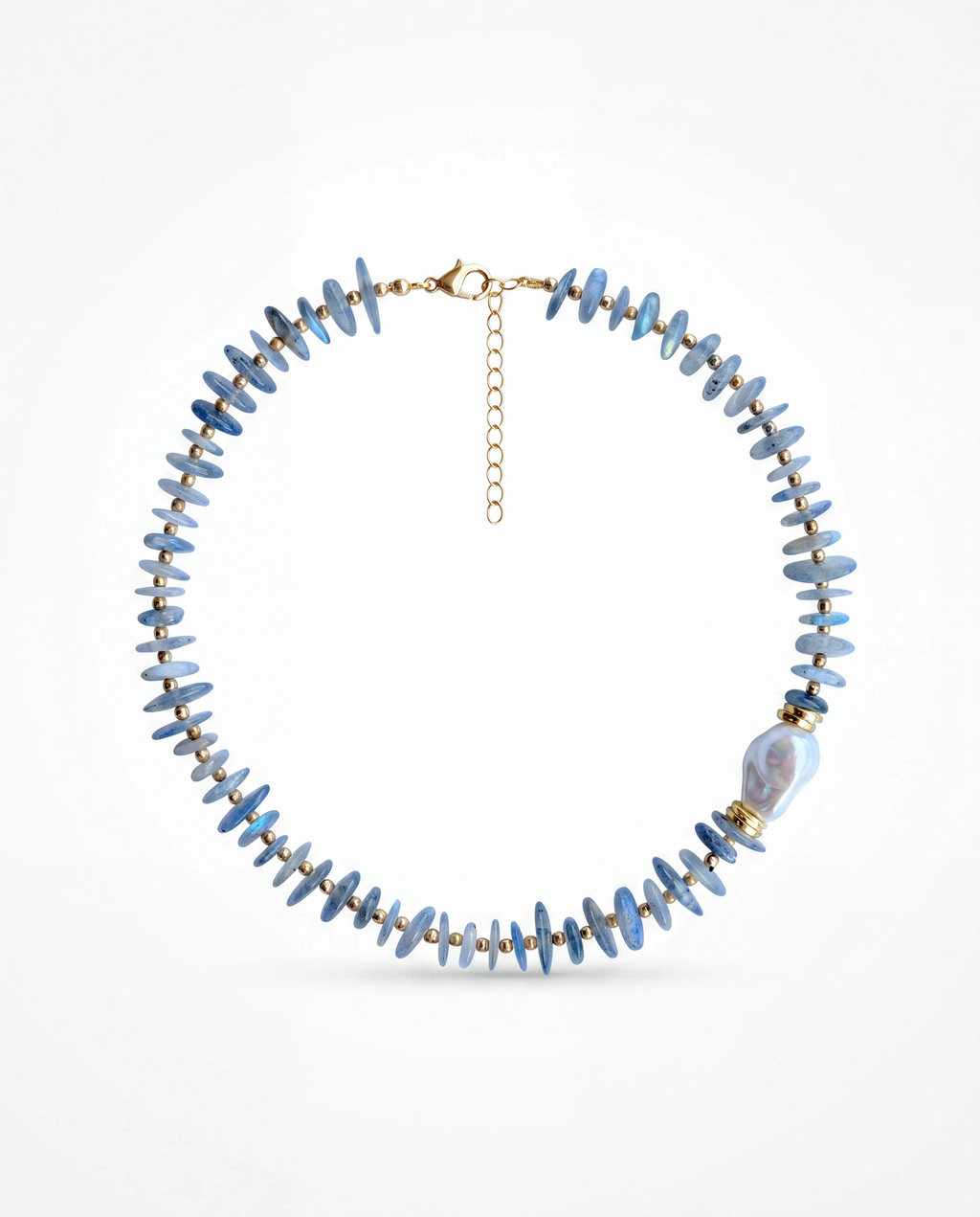 Labradorite Drift Kolye - dilim kesim labradorit taşlı ve barok inci detaylı kolye, ürün görseli