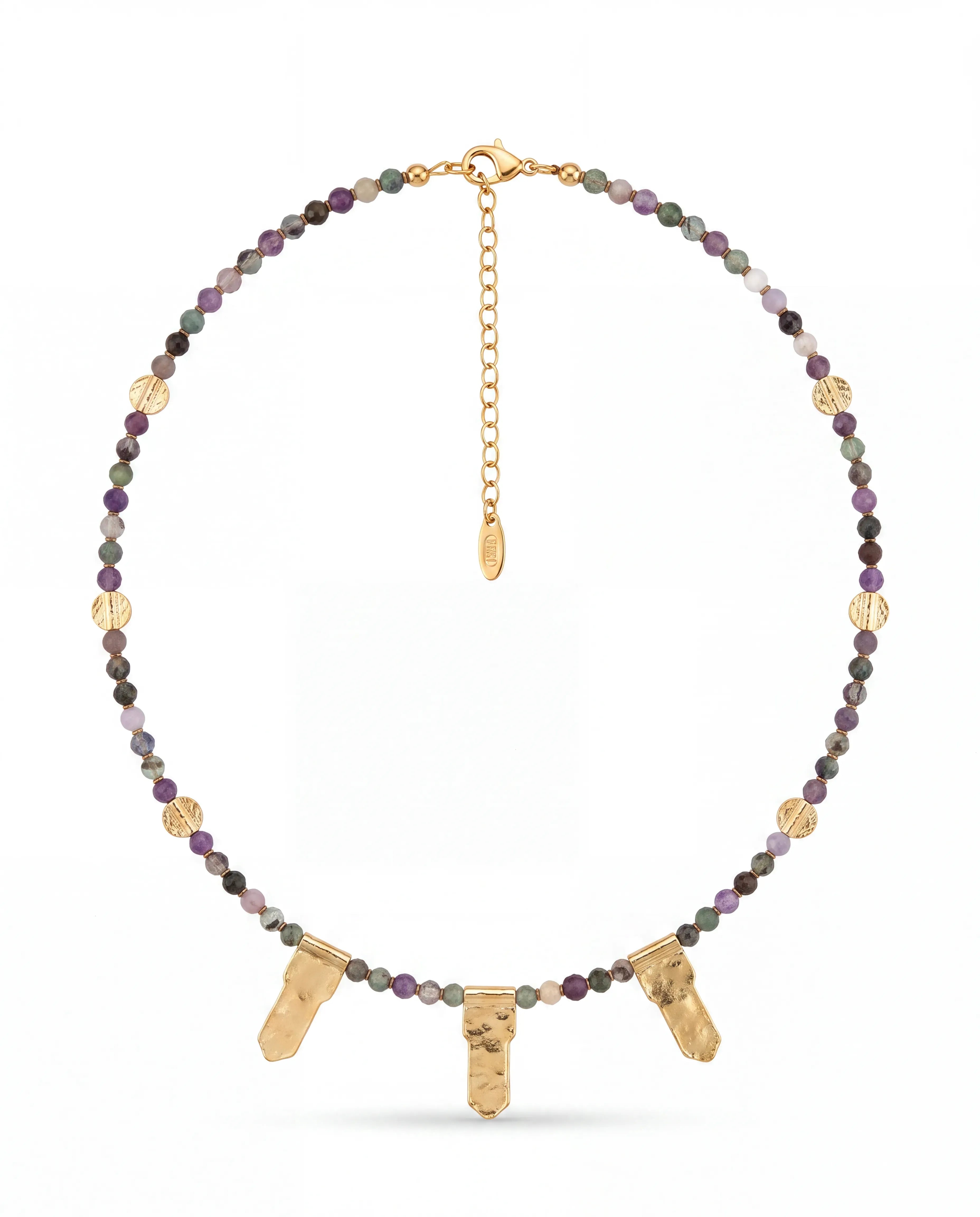 Crystal Trio Kolye - mor-gri doğal taşlı ve üç ham kristal sarkaçlı kolye, ürün görseli