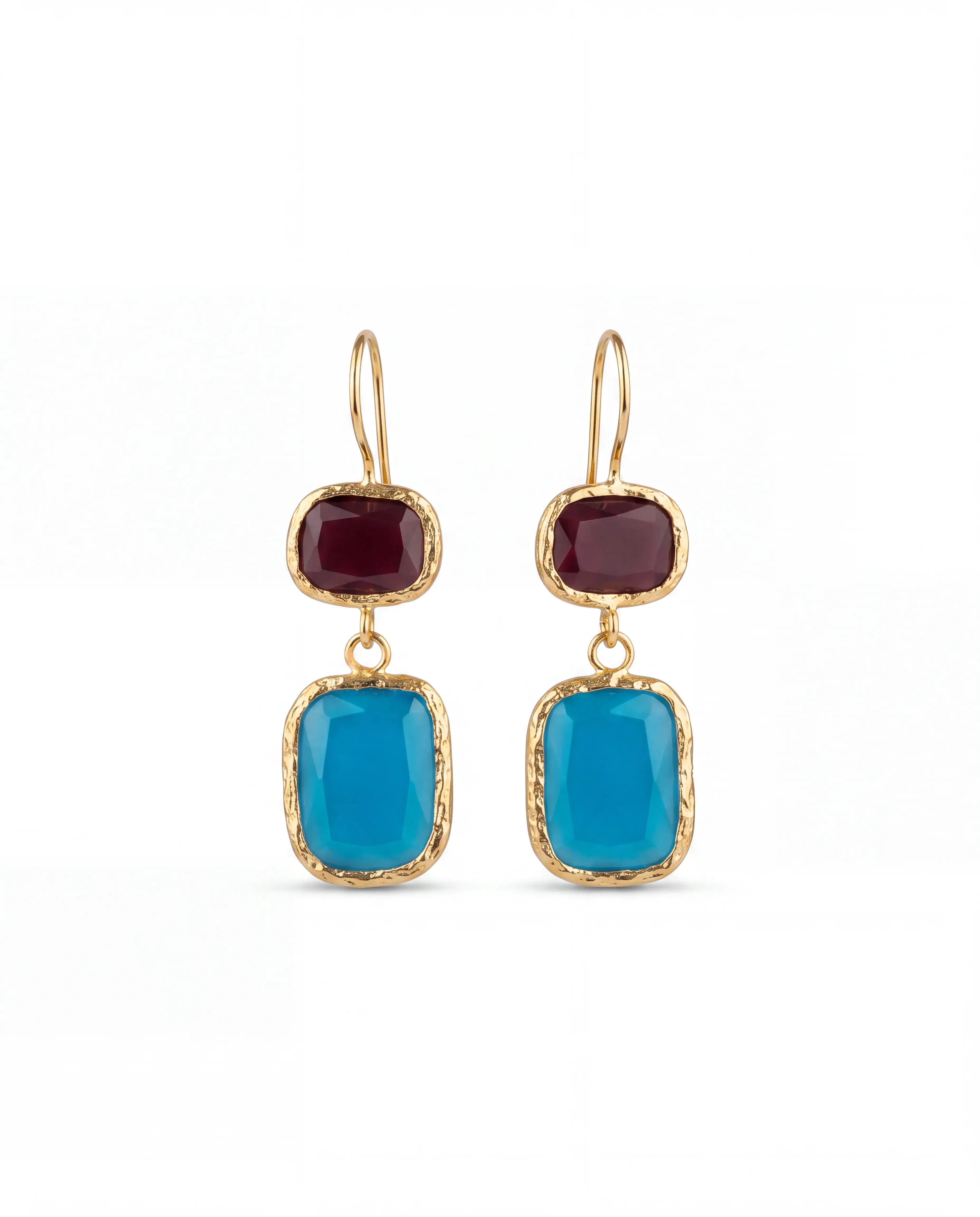 Duo Stone No.2 Küpe - bordo ve turkuaz taşlı altın kaplama küpe, ürün görseli