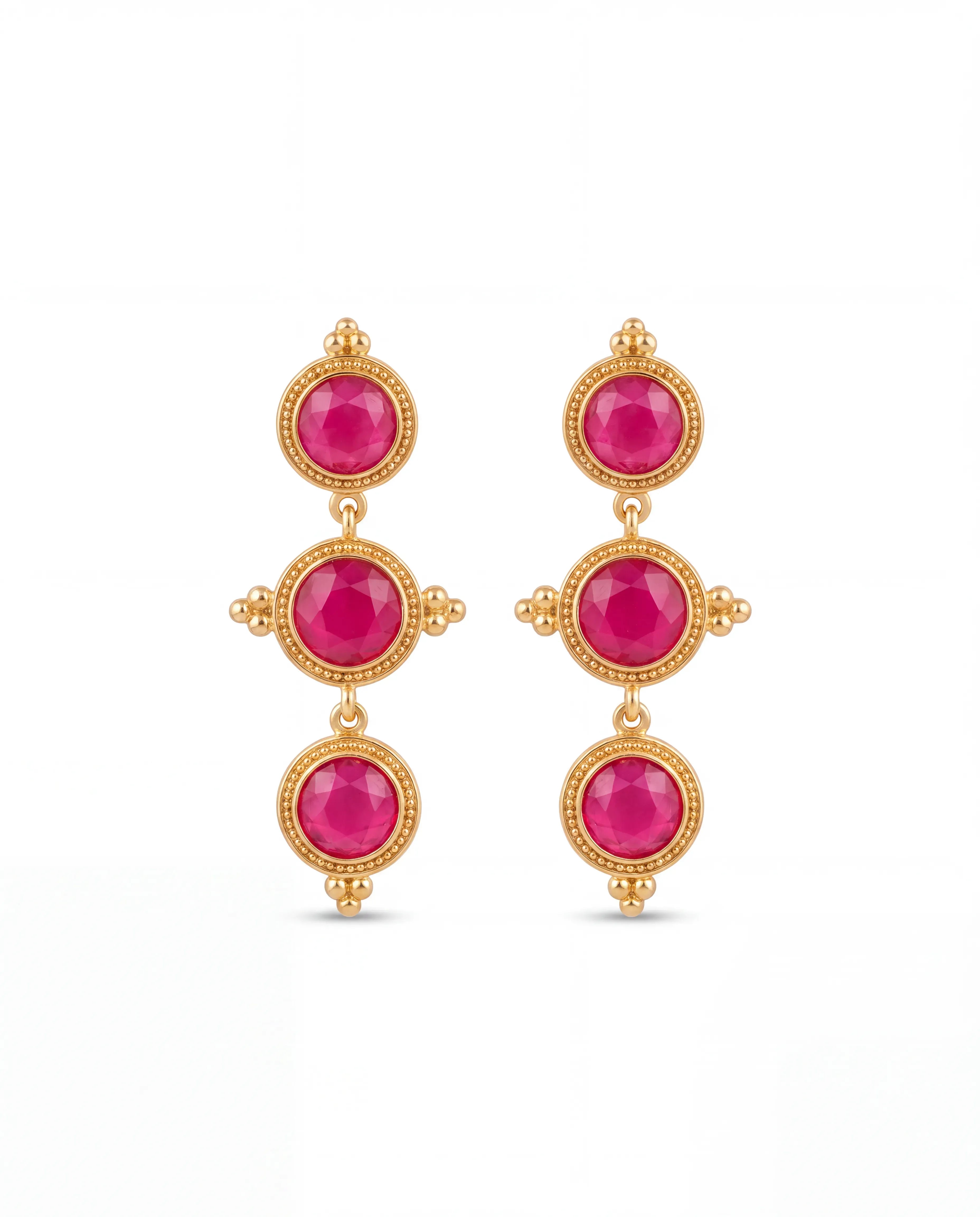 Fuchsia Trio Küpe - üç yuvarlak fuşya taşlı altın kaplama küpe, ürün görseli