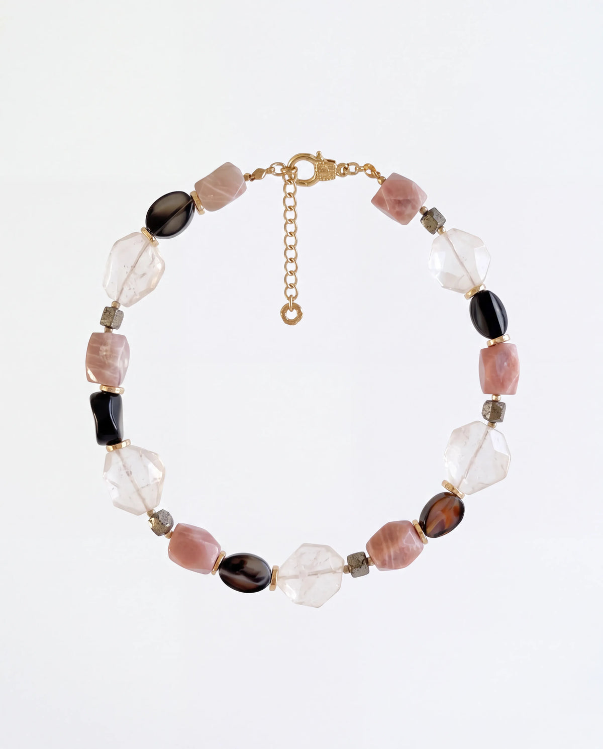 Blush Quartz Kolye - güneş taşı, kuvars, oniks ve obsidyen küp kesim boncuklu kolye, ürün görseli