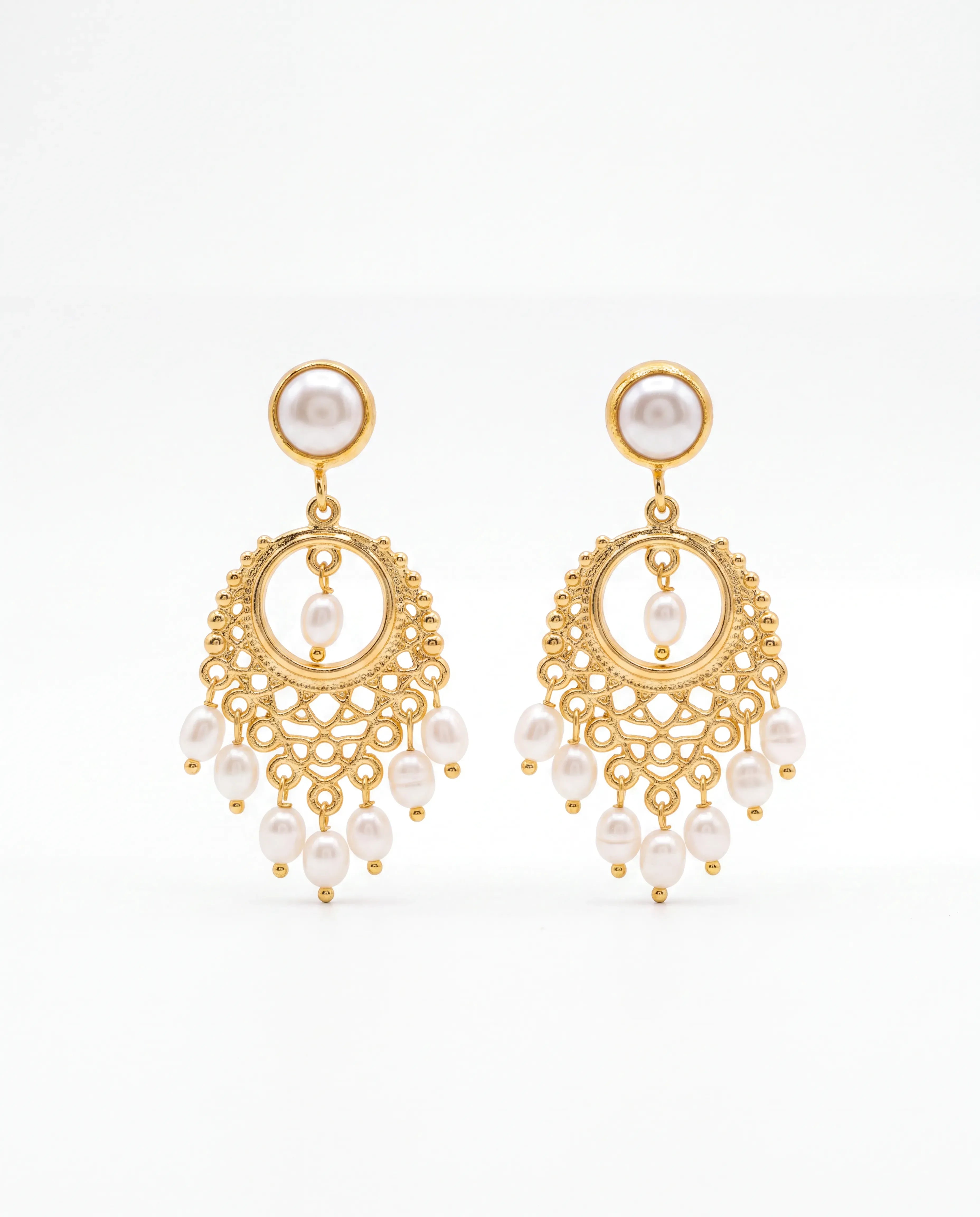 Pearl Lace Küpe - inci taşlı altın kaplama filigran küpe, ürün görseli