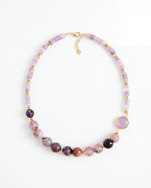 Amethyst Veil Kolye - rondel kesim ametist boncuklu ve oval taş uçlu kolye, ürün görseli